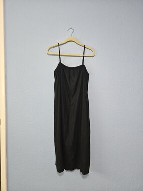 Black Linen Spaghetti Strap Midi Dress